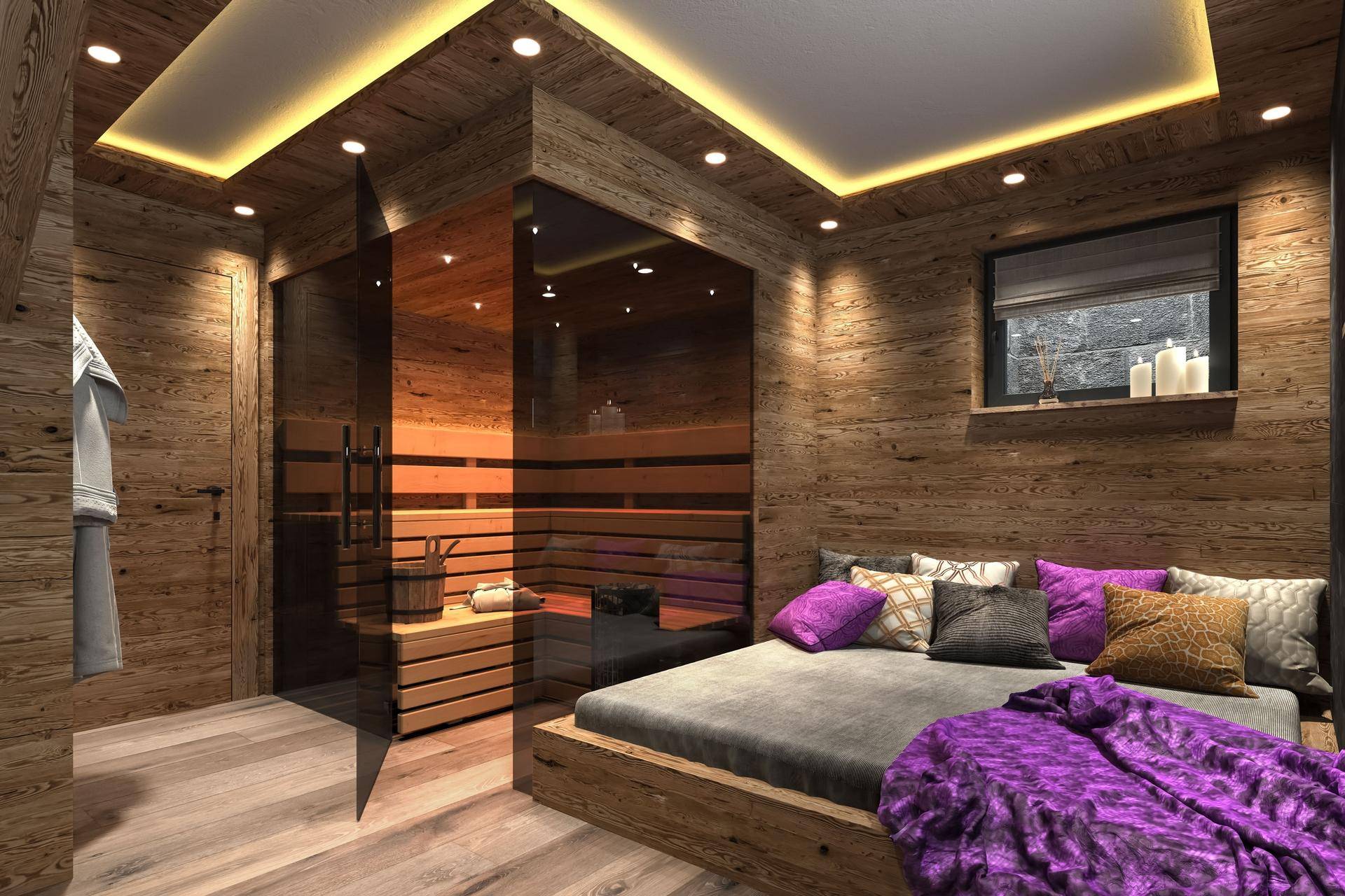 Gemütlicher Raum mit Holzwänden, Holzboden und integrierter Sauna für Entspannung.