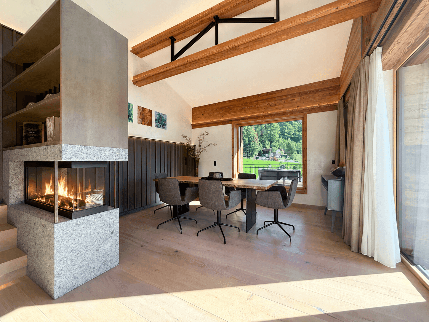 Modern Alpine Dining Room with Fireplace