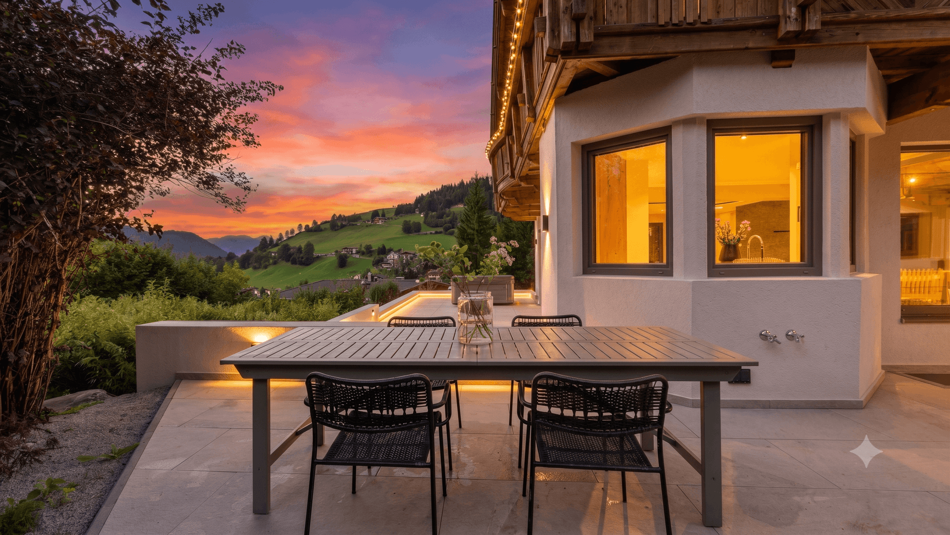 Gemütliche Außenterrasse mit Esstisch und Stühlen, umgeben von grüner Landschaft bei Sonnenuntergang.