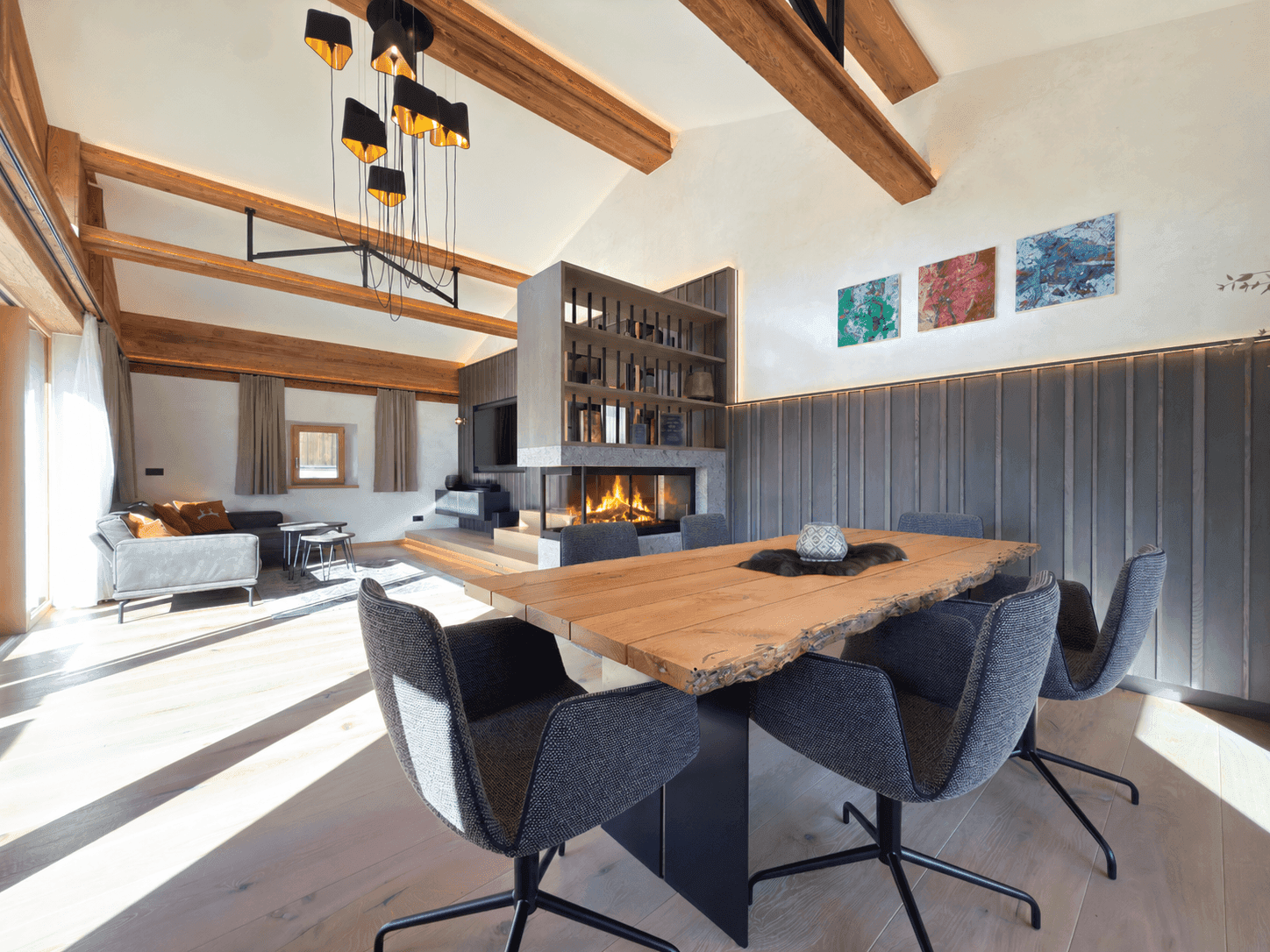 Modern Rustic Dining Room with Fireplace
