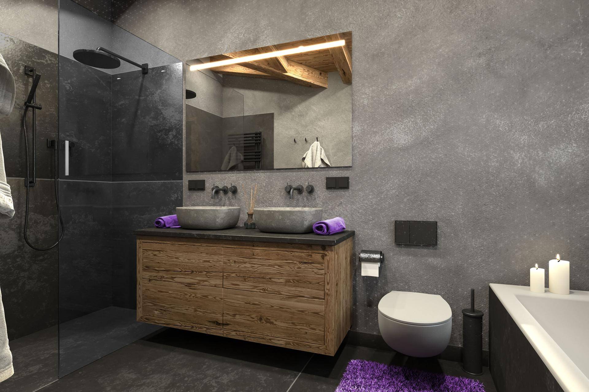 Modernes Badezimmer mit begehbarer Dusche, Doppelwaschbecken, freistehender Badewanne und Betonoptik.