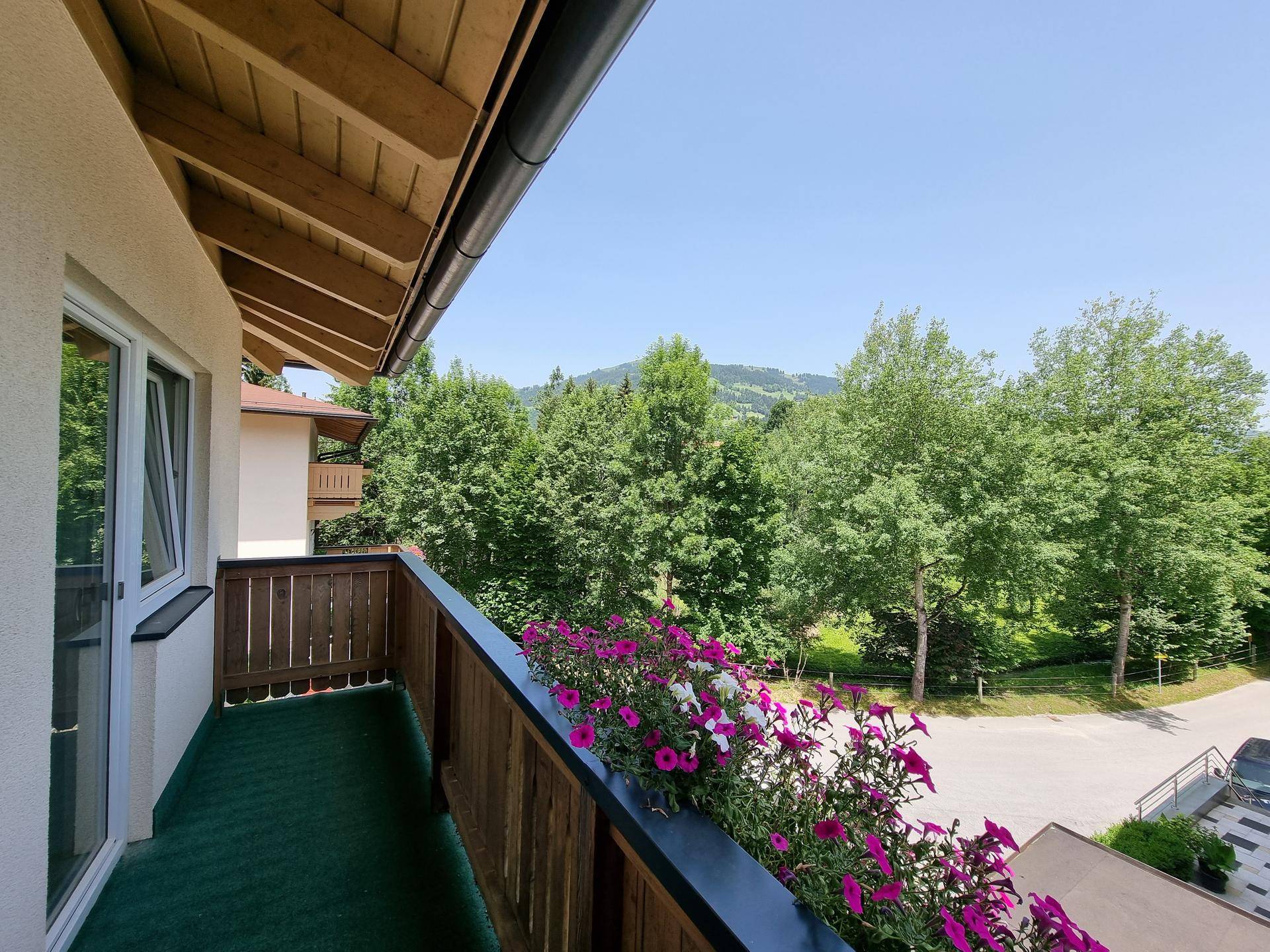 Balkon mit bunten Blumenkästen und weitem Blick auf grüne Bäume und Berge.