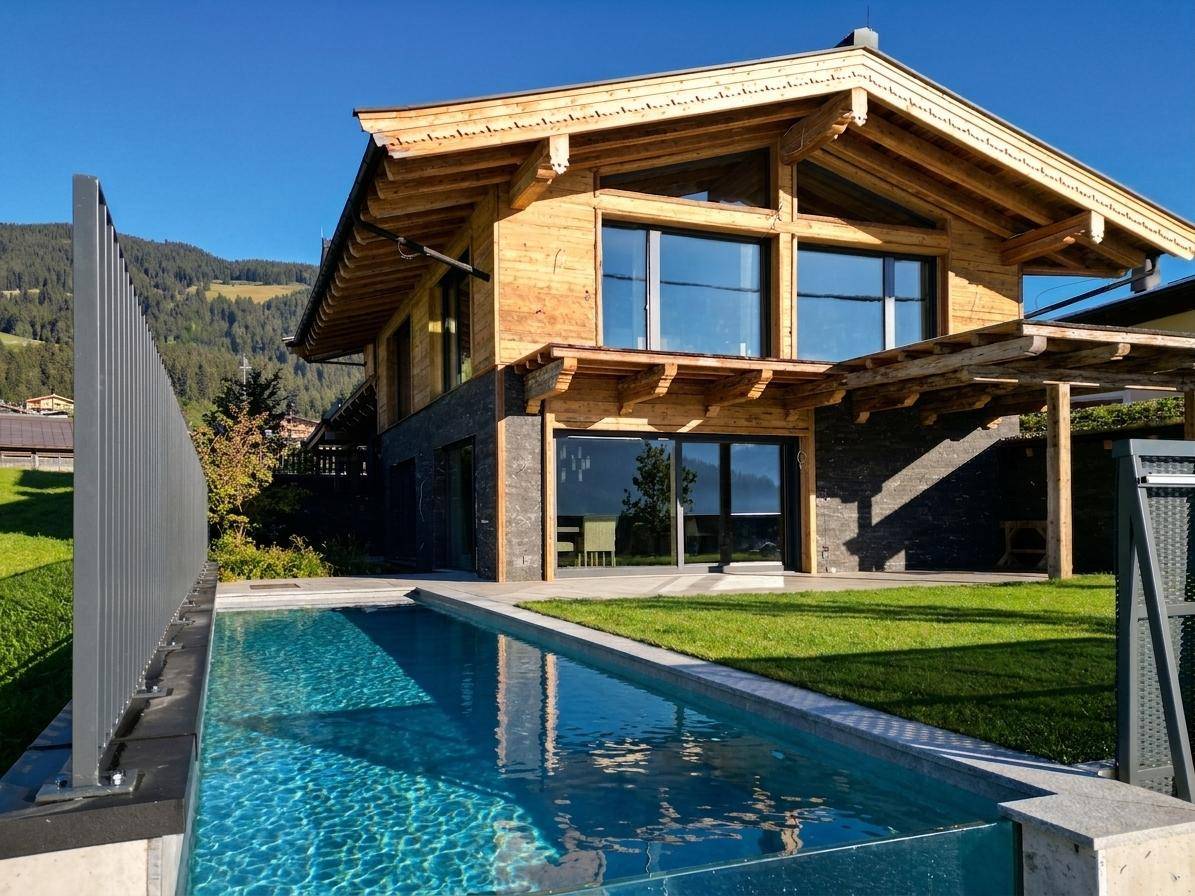 Modernes Chalet mit Holzfassade, großen Fenstern und elegantem Poolbereich im Freien.