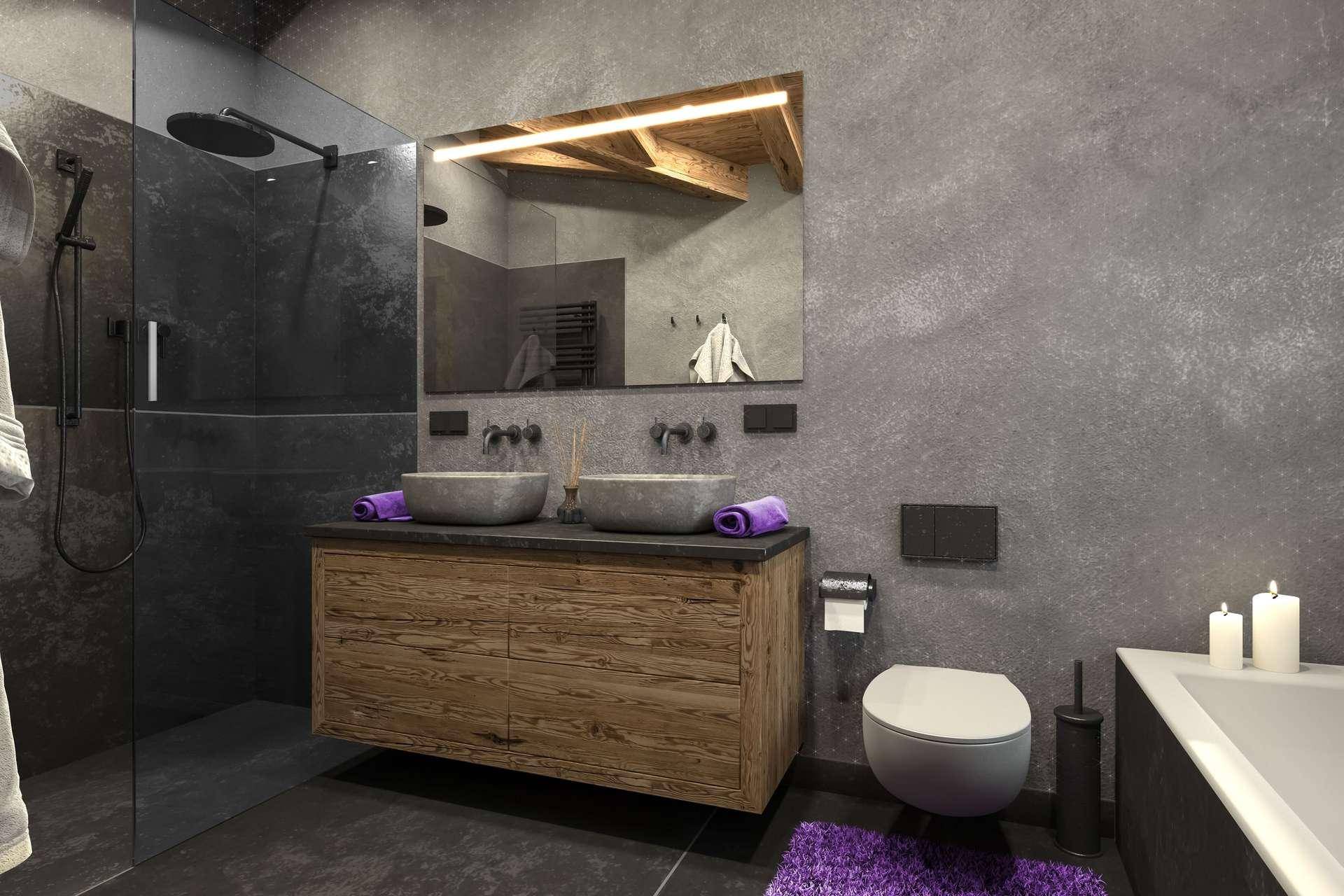 Modernes Badezimmer mit Doppelwaschbecken, begehbarer Dusche, Badewanne und dunklen Fliesen.