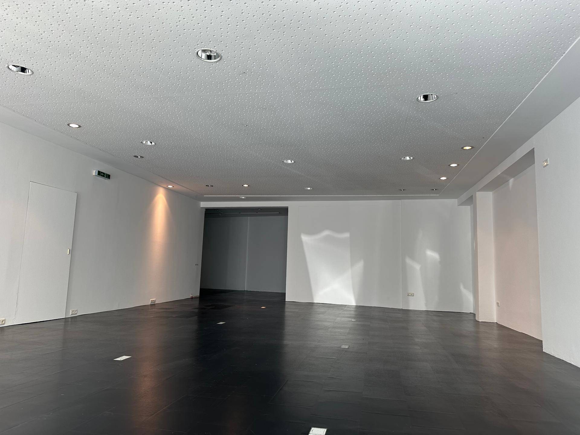 Heller, leerer Gewerberaum mit dunklem Boden, weißen Wänden und moderner Deckenbeleuchtung.