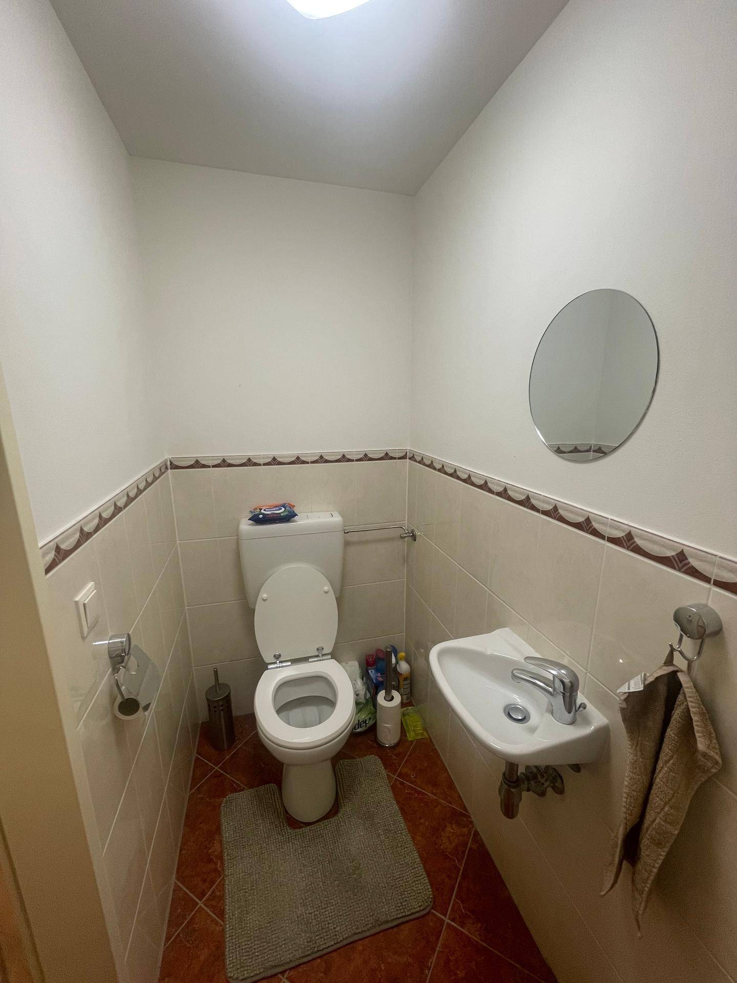 Kleines Gäste-WC mit WC, Waschbecken und Spiegel, ausgestattet mit Terrakotta-Fliesen.