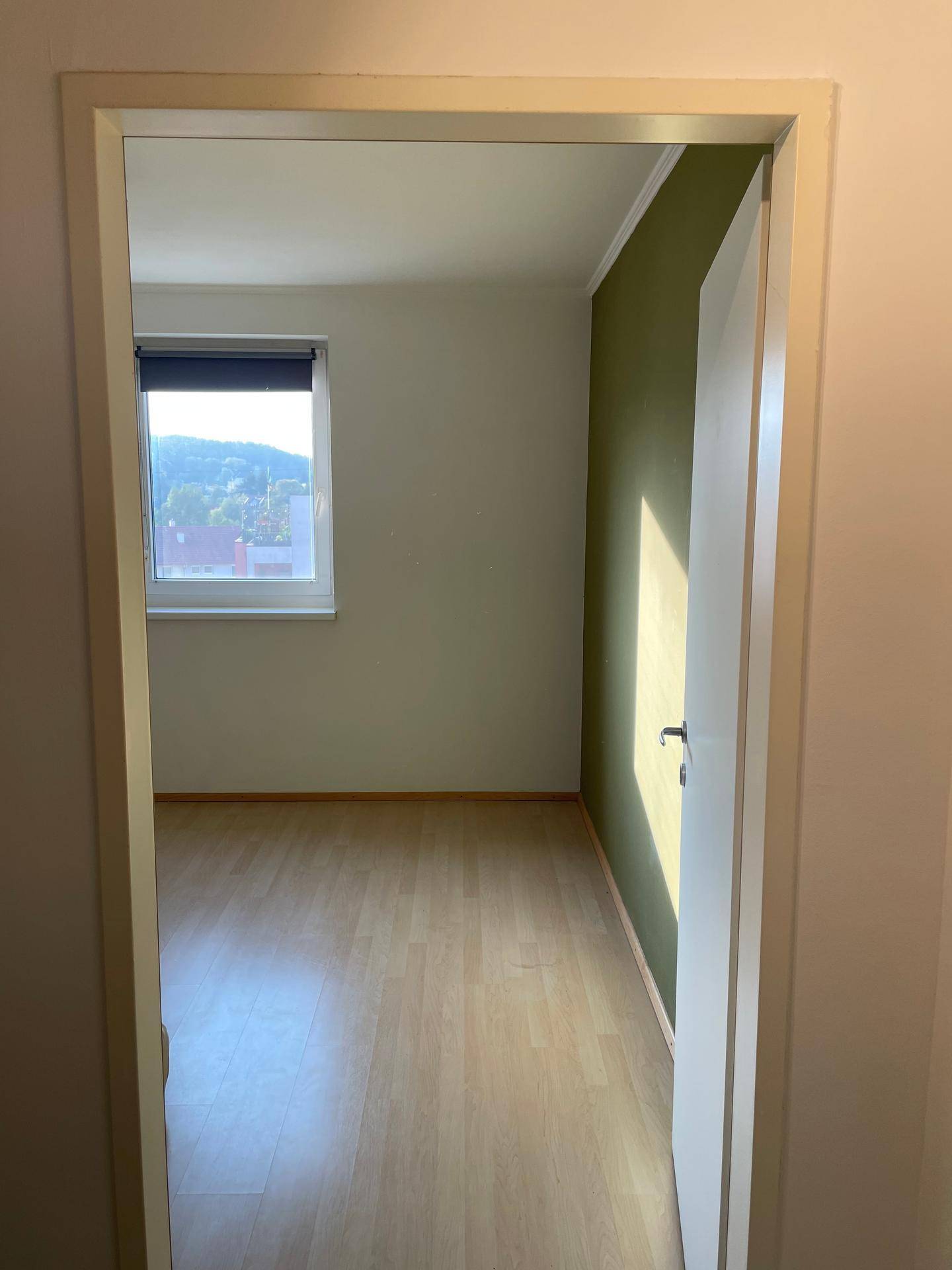 Blick in ein Schlafzimmer mit Laminatboden und einer grünen Akzentwand.