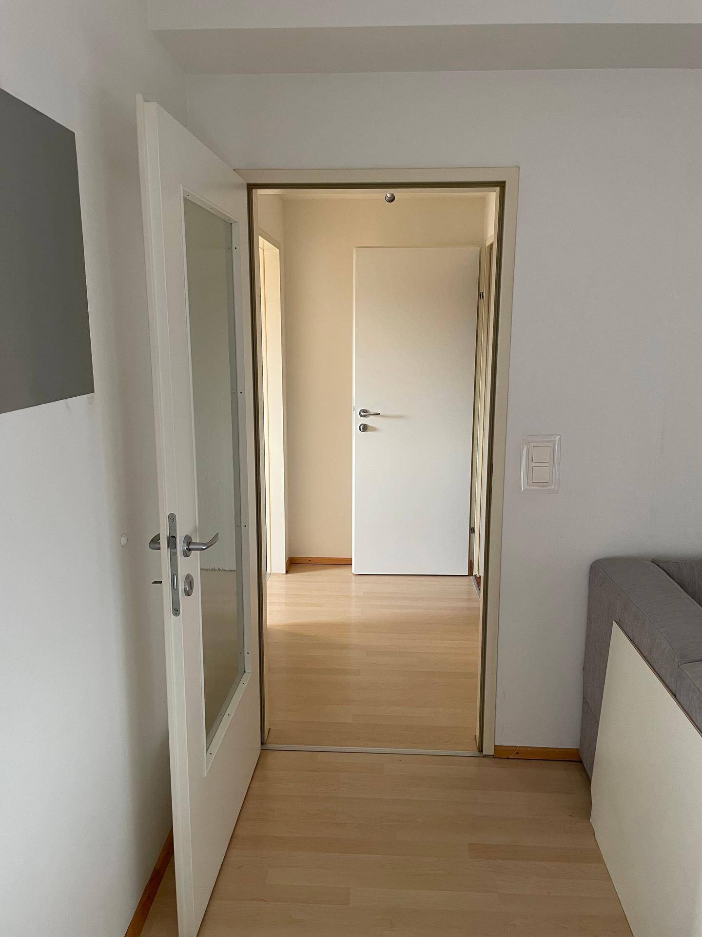 Heller Flur mit Laminatboden, der zu weiteren Räumen führt.