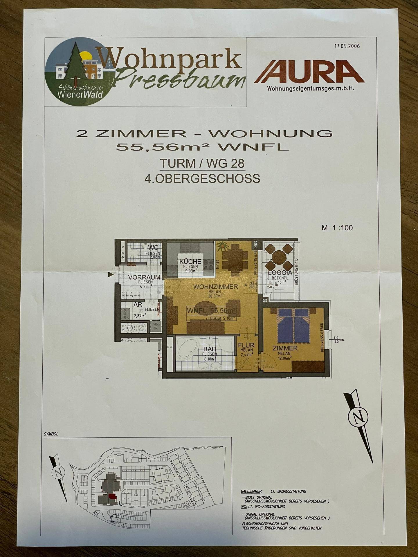 Grundriss einer 2-Zimmer-Wohnung mit 55,56m² Wohnfläche im 4. Obergeschoss, inklusive Loggia.