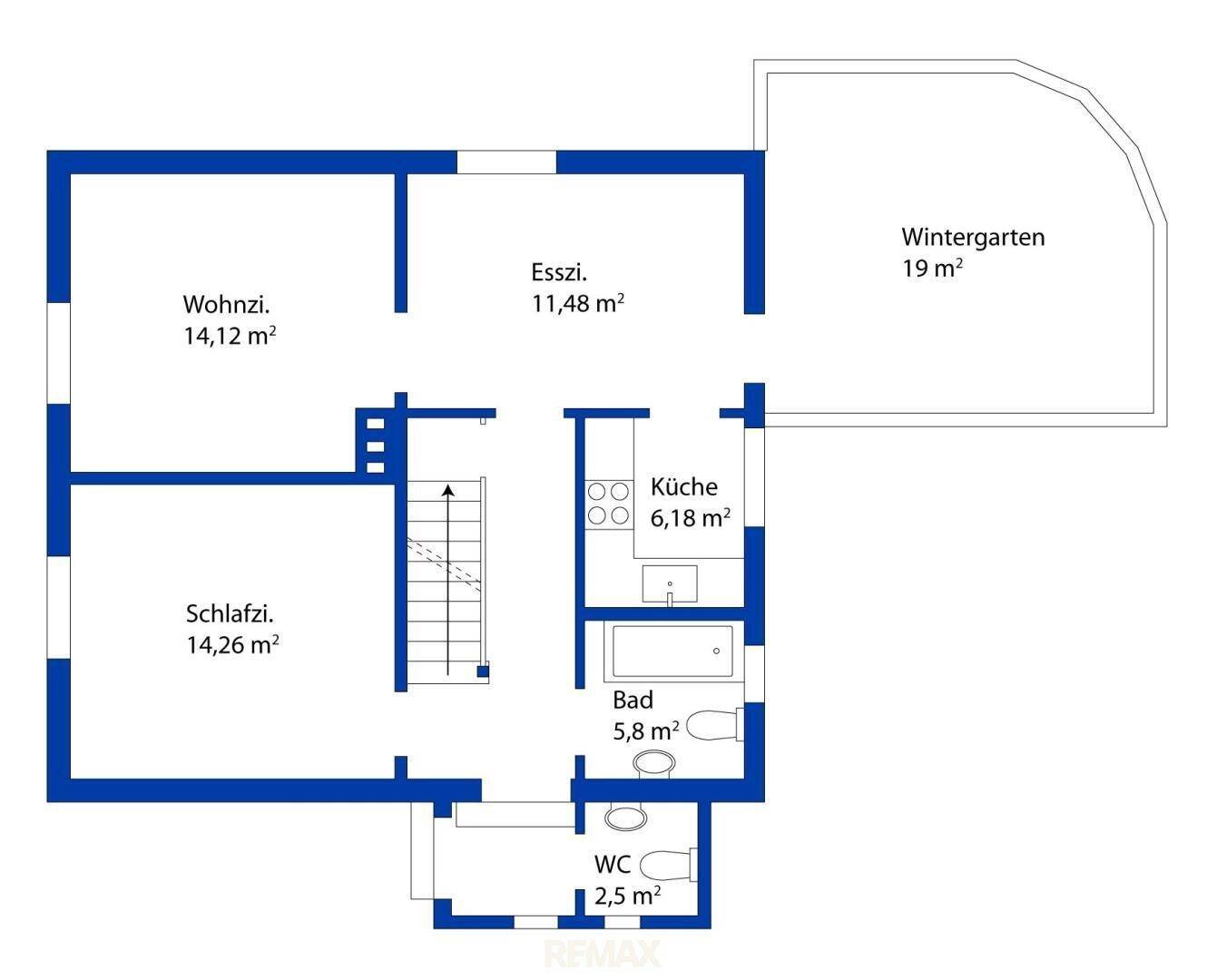 Grundriss des Erdgeschosses mit Wohnzimmer, Esszimmer, Küche, Schlafzimmer, Bad und Wintergarten.