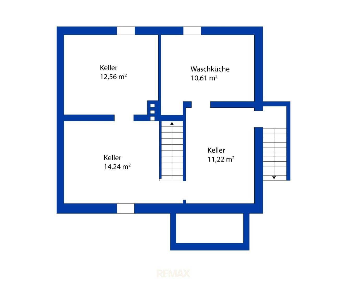 Grundriss des Kellergeschosses mit mehreren Kellerräumen und einer Waschküche.