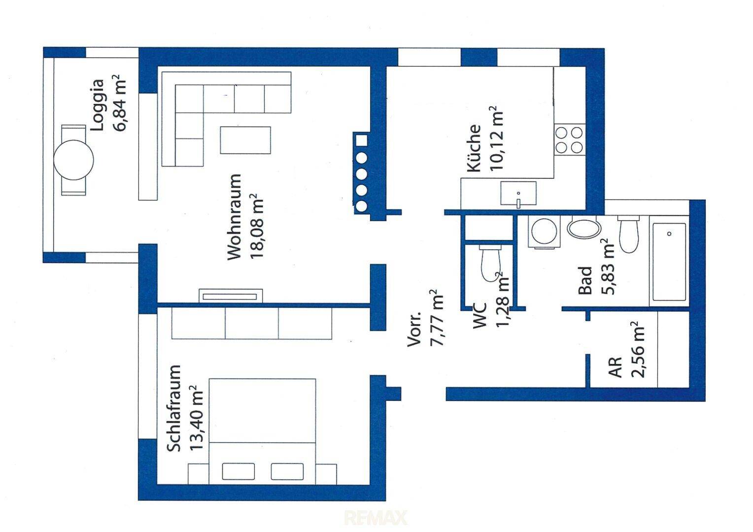 Detaillierter Grundriss einer Wohnung mit Loggia, Wohnzimmer, Schlafzimmer und Küche.
