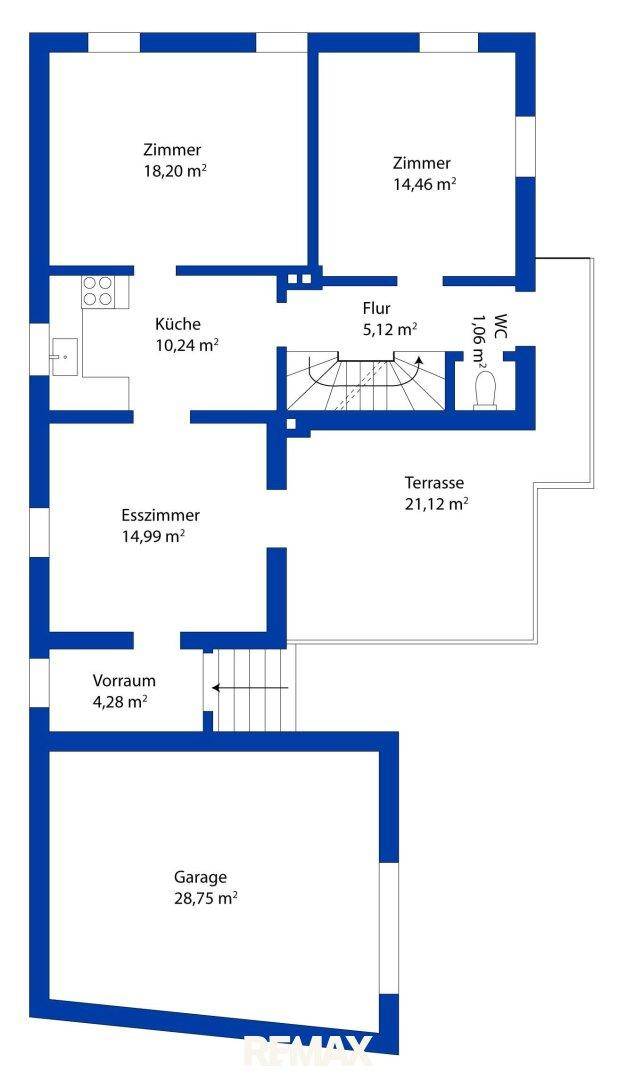 Grundriss des Erdgeschosses mit Küche, Esszimmer, Zimmern, Terrasse und Garage.