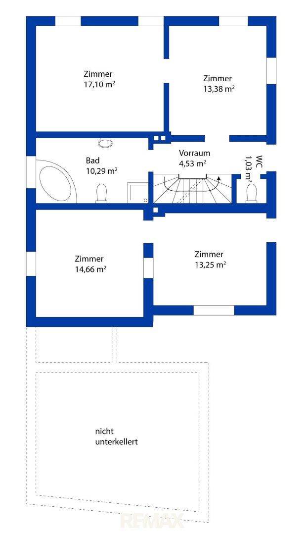 Grundriss des Obergeschosses mit mehreren Zimmern und einem Badezimmer.