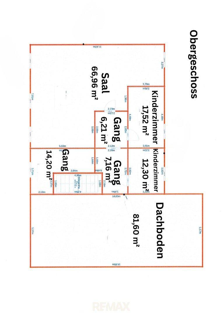 Grundriss des Obergeschosses mit Kinderzimmern, Saal und Dachboden.