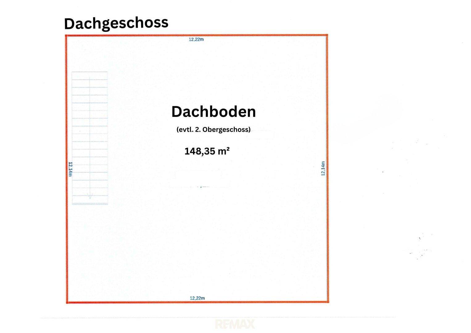 Grundriss des Dachgeschosses mit großem Dachboden, der als zweite Etage ausgebaut werden könnte.