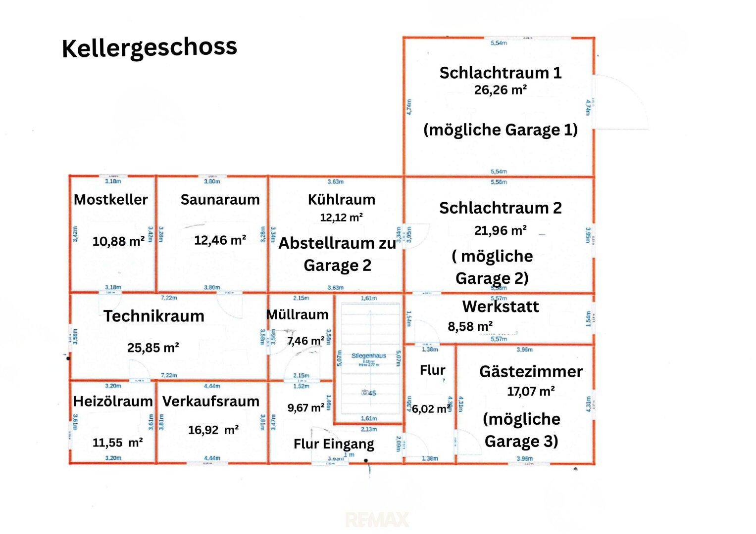 Grundriss des Kellergeschosses mit verschiedenen Funktionsräumen, Sauna und potenziellen Garagen.