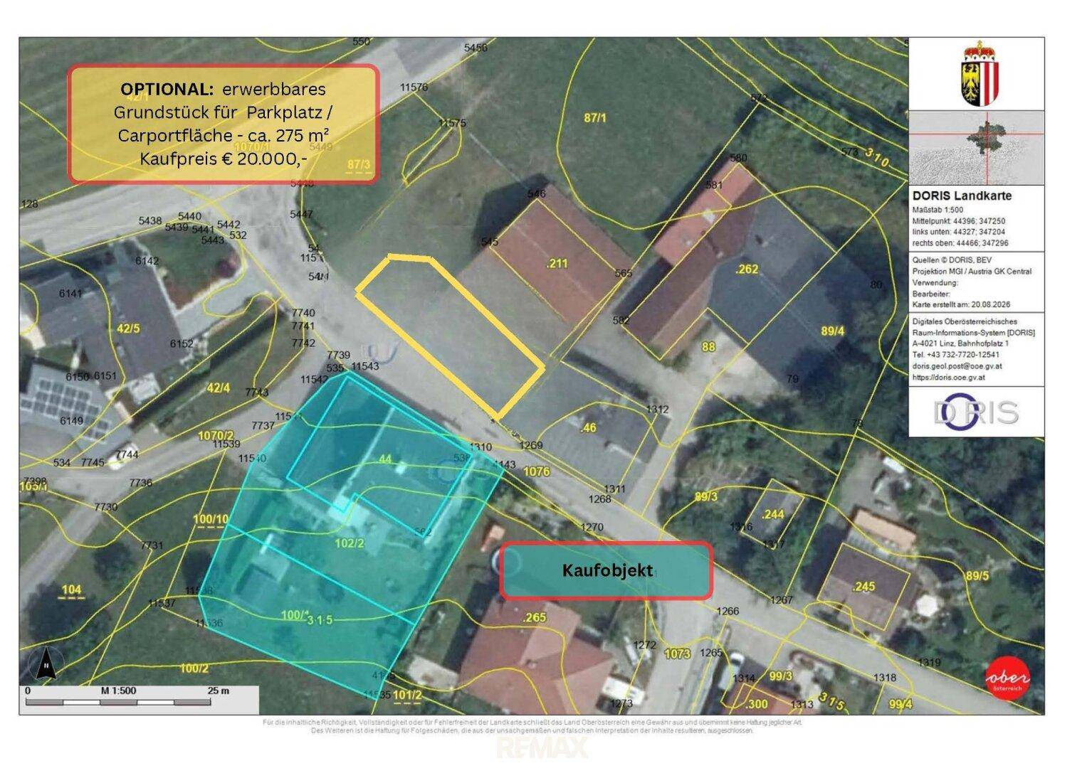 Lageplan - Gebäude mit möglichen Parkplatz/Carport/Garagenflächen