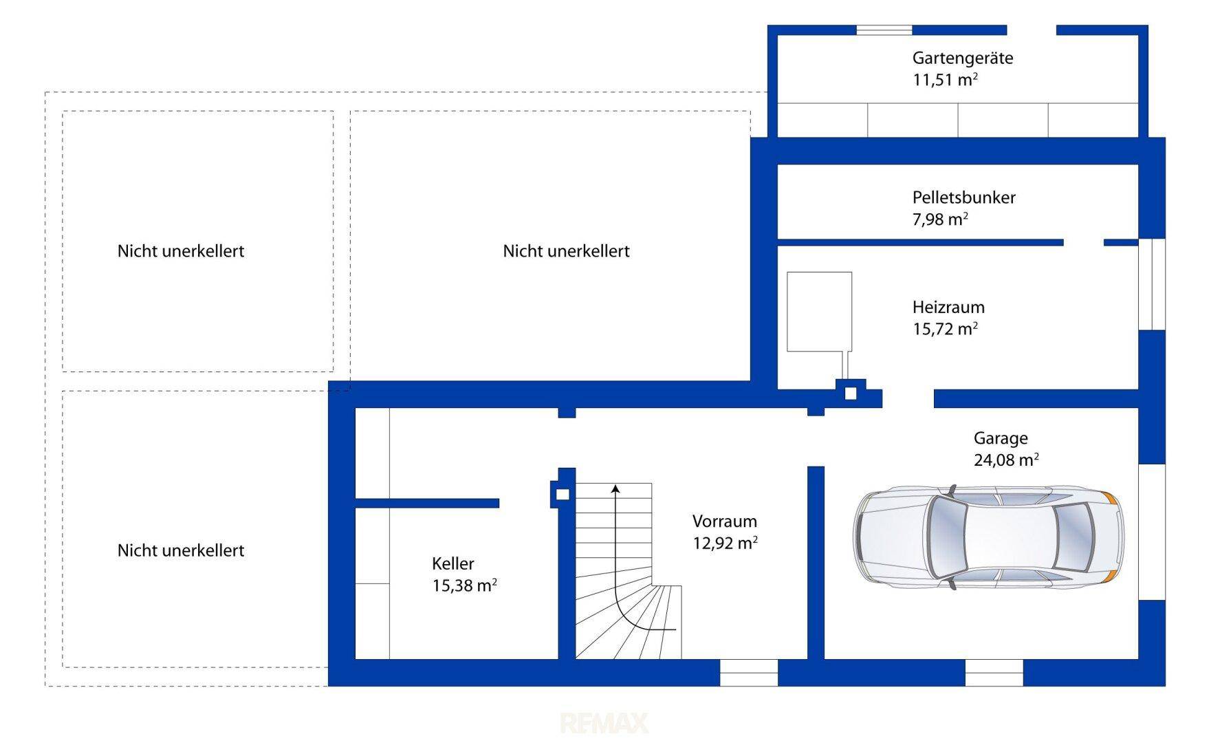 Grundriss des Untergeschosses mit Keller, Heizraum, Pelletsbunker und Garage.