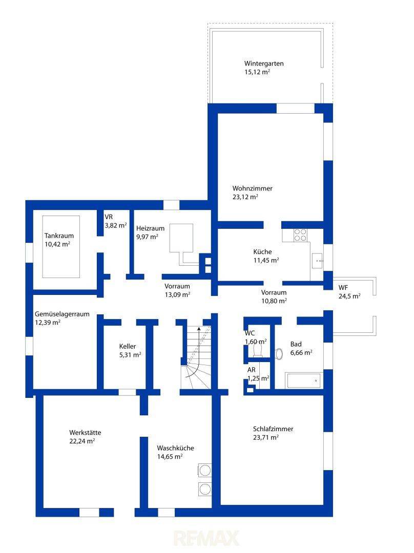 Grundriss des Untergeschosses mit Wohnzimmer, Küche, Schlafzimmer, Bad und Werkstatt.