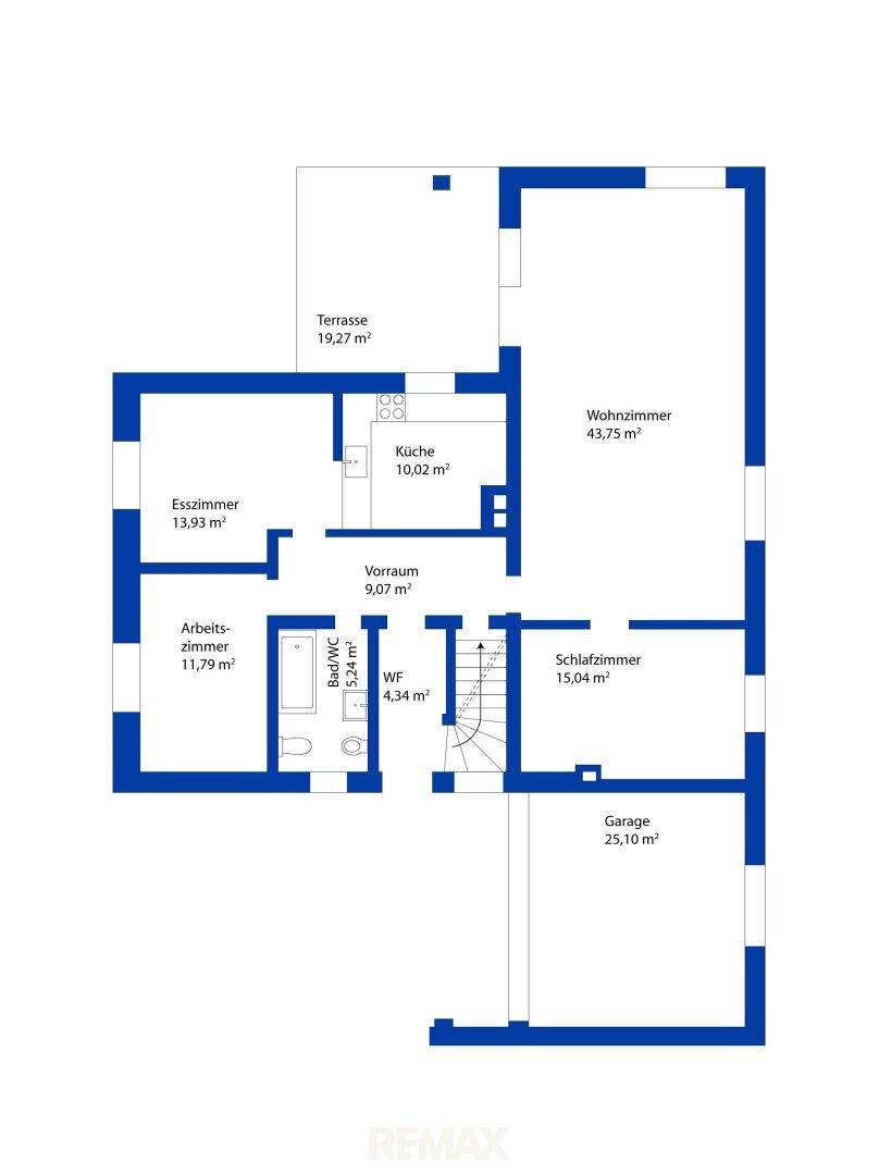 Grundriss des Erdgeschosses mit Wohnzimmer, Küche, Esszimmer, Schlafzimmer und Garage.