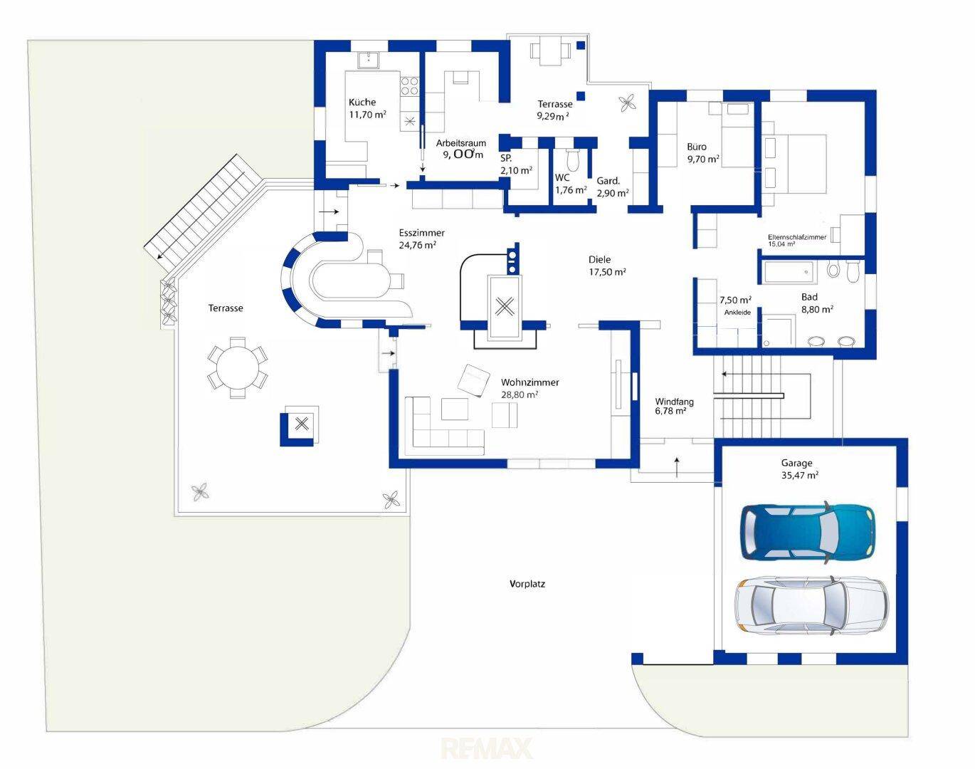Grundriss des Erdgeschosses mit offener Küche, Esszimmer, Wohnzimmer, Büro und Garage.