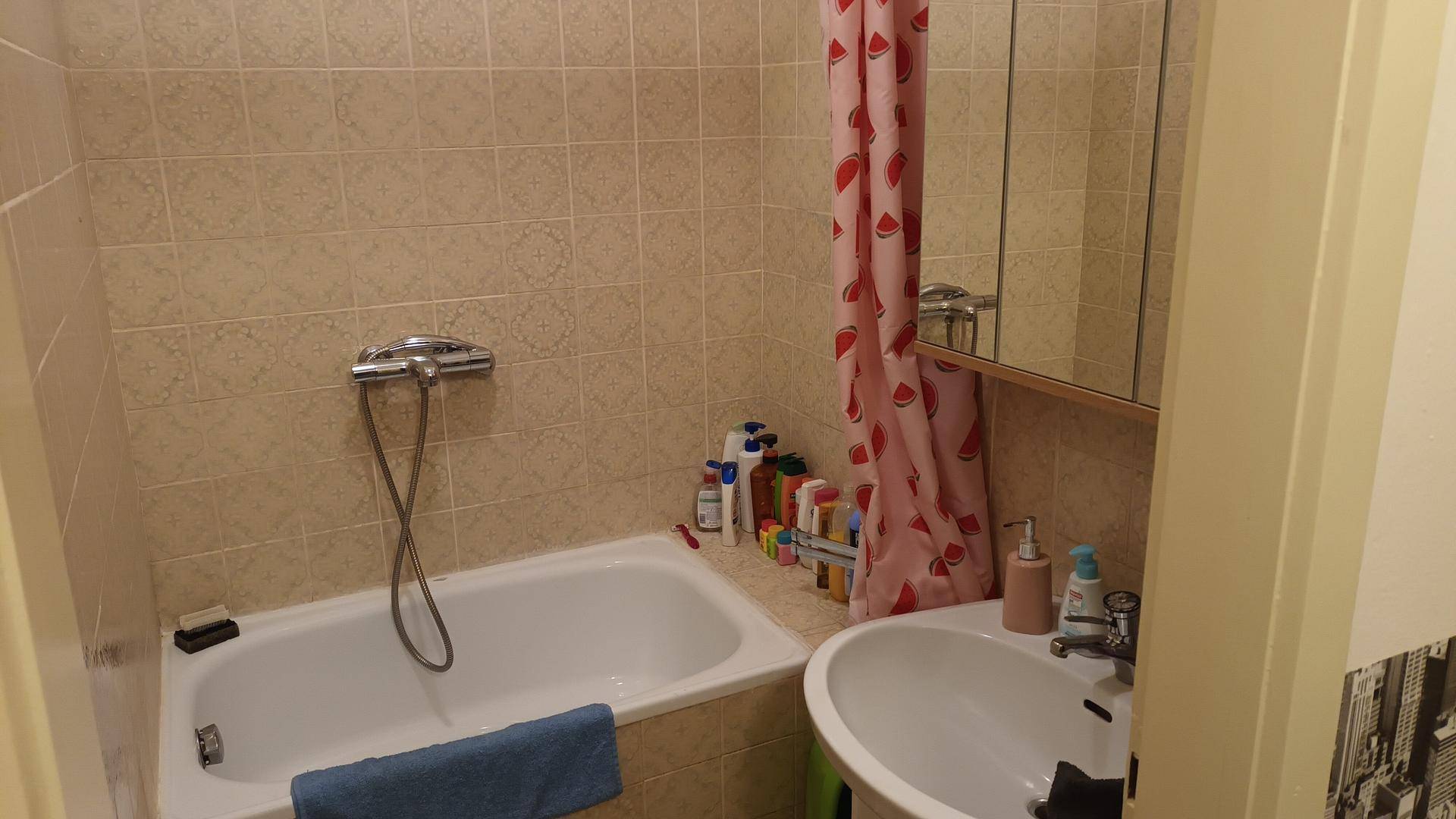 Badezimmer mit Badewanne, Duschvorrichtung und hellbeigen Fliesen an den Wänden, gepflegt.