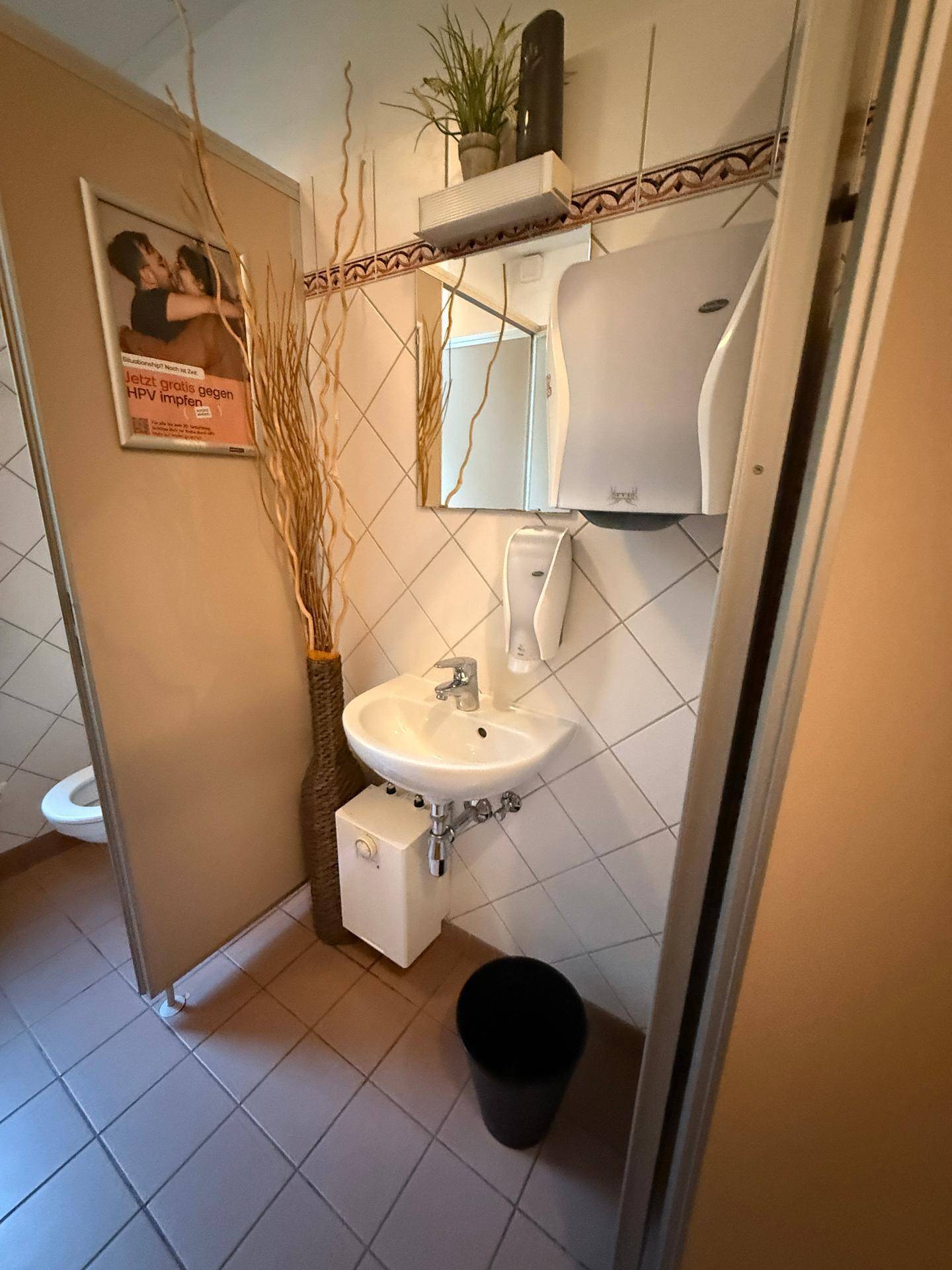 Waschbeckenbereich in einer öffentlichen Toilette mit Spiegel, Seifenspender und Handtrockner.