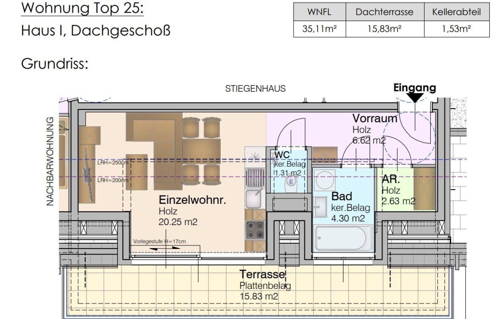 Grundriss der Dachgeschosswohnung Top 25 mit Terrasse, Bad und separatem WC.