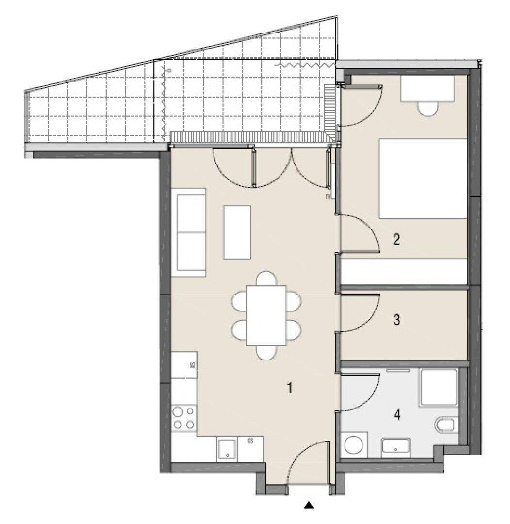 Grundriss einer Wohnung mit vier Zimmern, offener Küche und einer großen Dachterrasse.