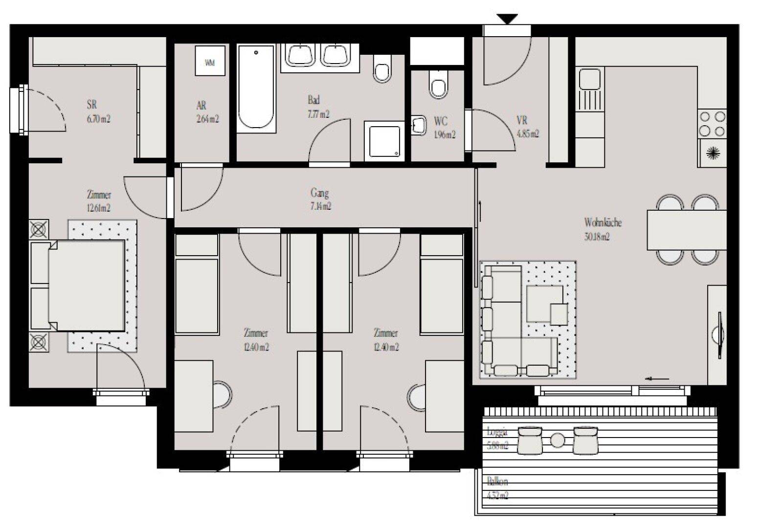 Detaillierter Grundriss einer Wohnung mit drei Schlafzimmern, offener Wohnküche und Balkon.