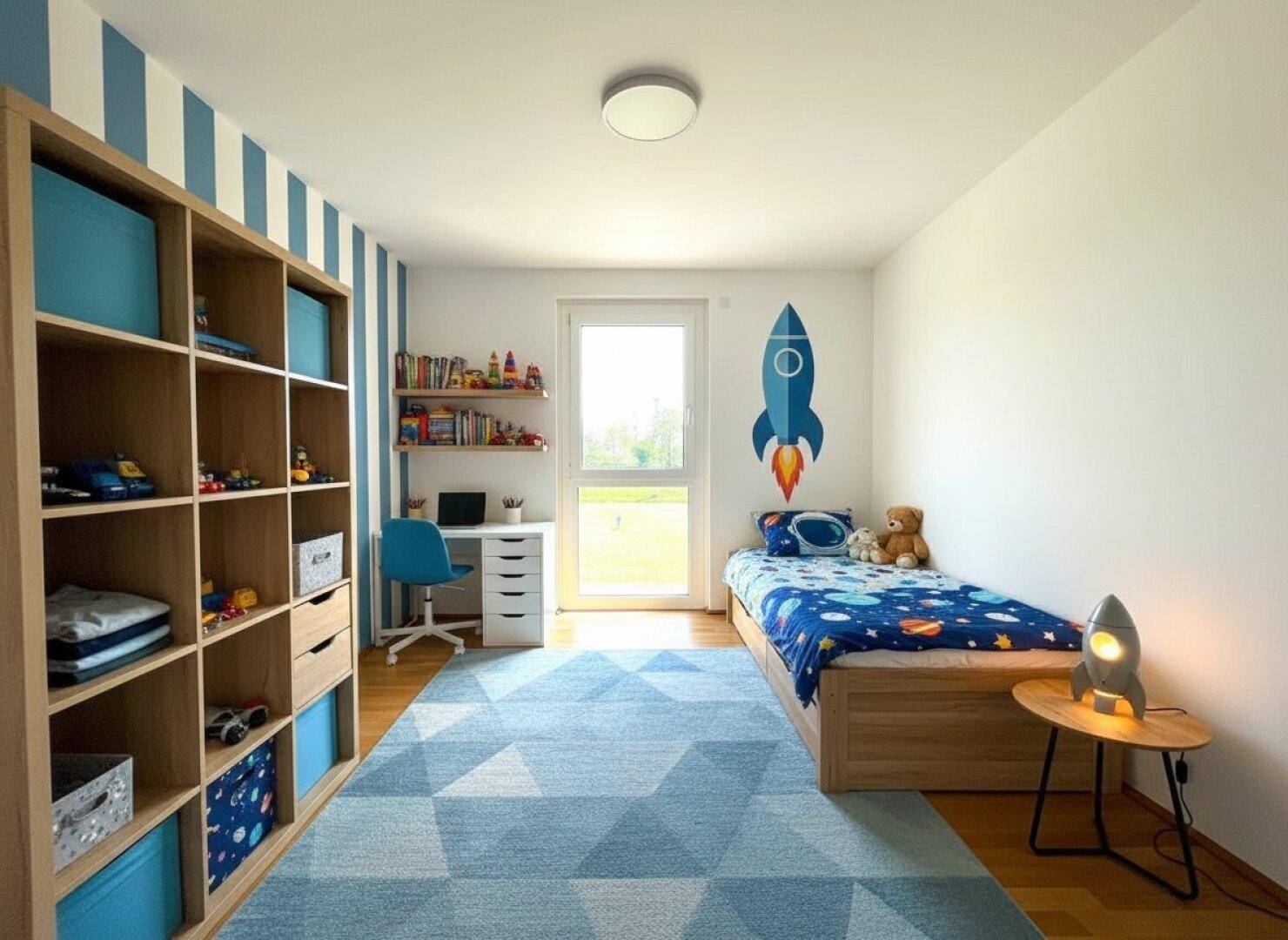 Modernes Kinderzimmer mit blau-weiß gestreiften Wänden, Holzboden und Raketen-Dekoration.