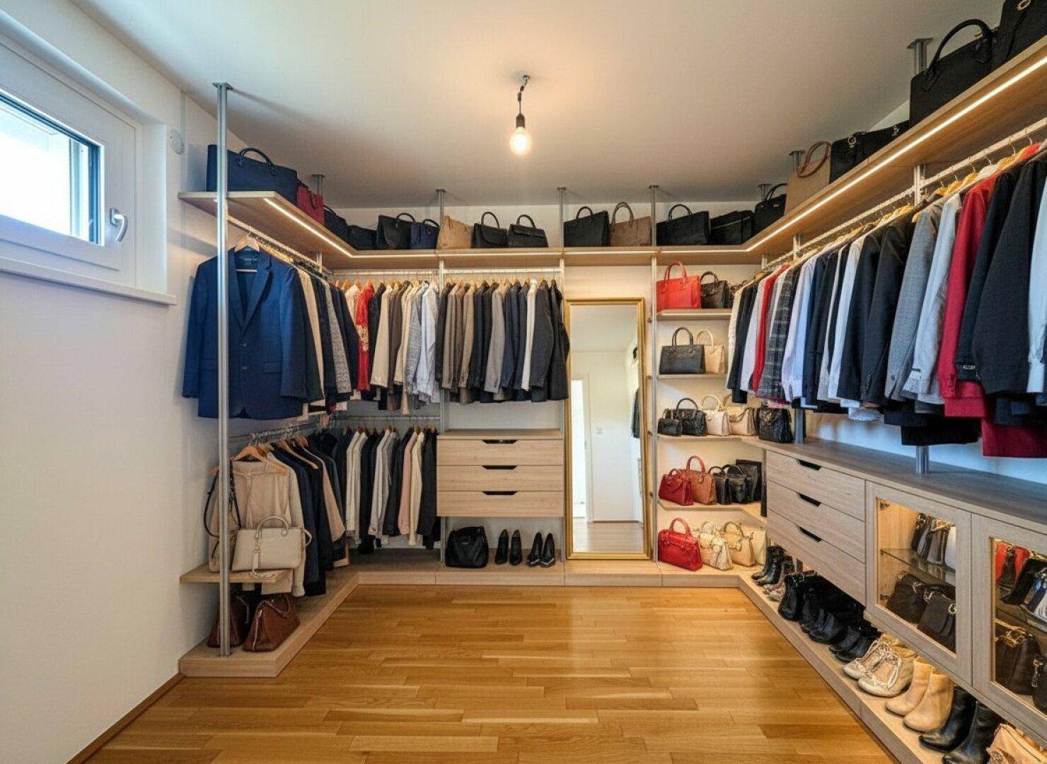 Geräumiger begehbarer Kleiderschrank mit Holzboden, integrierten Regalen und viel Stauraum.