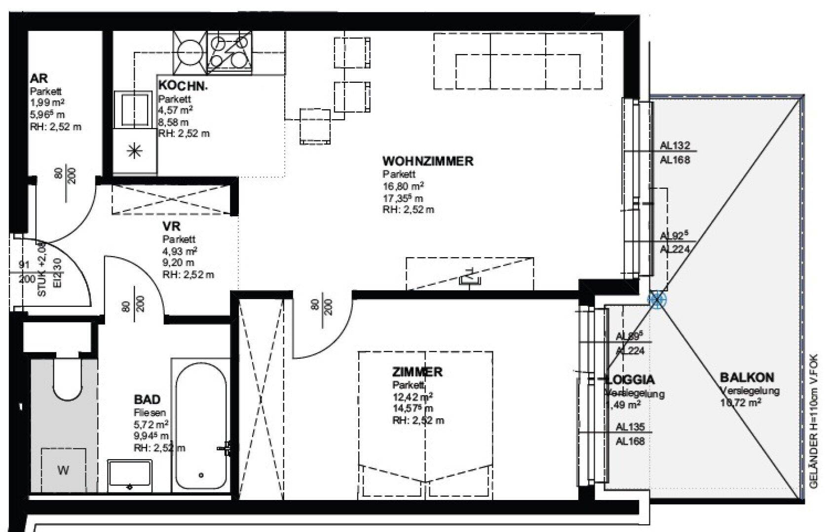 Detaillierter Grundriss einer Wohnung mit Wohnzimmer, Küche, Bad und Balkon.