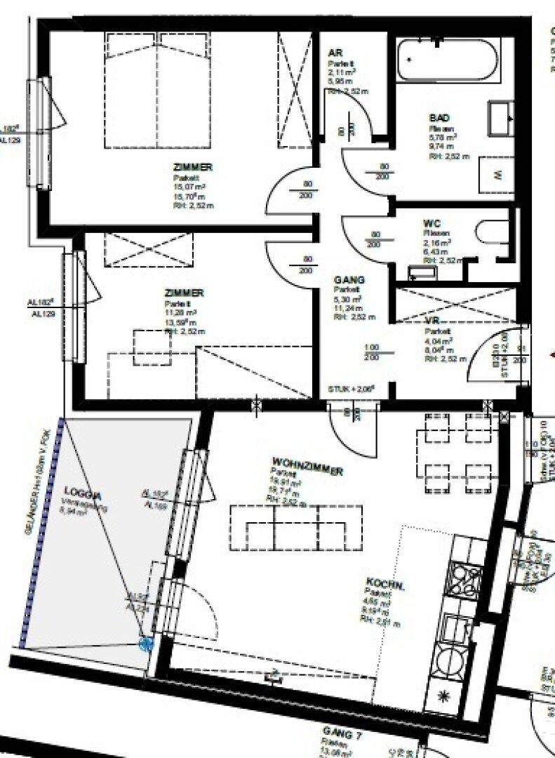 Grundriss der Wohnung mit drei Zimmern, offener Küche und Loggia.