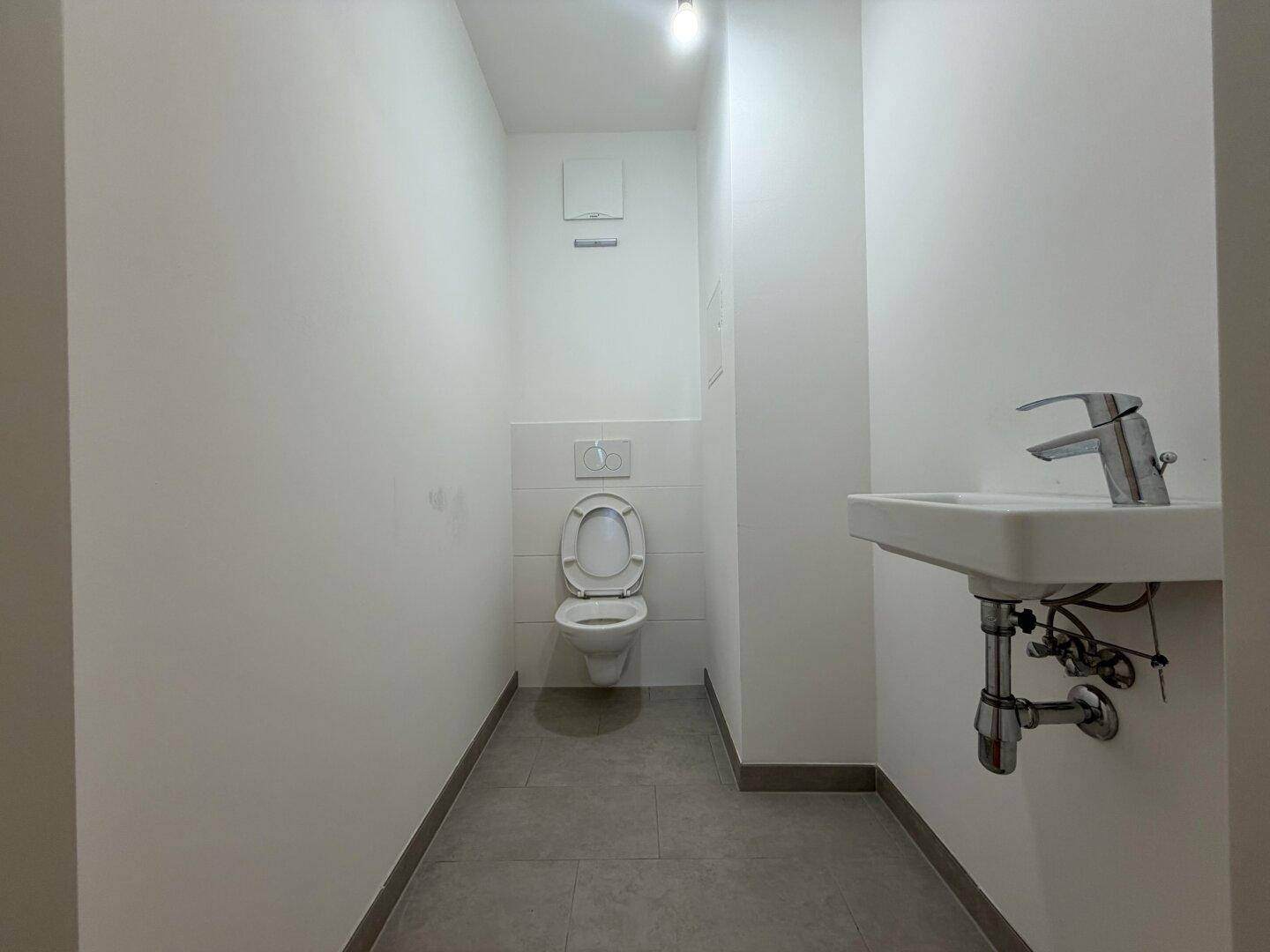 Separates Gäste-WC mit wandhängendem WC und kleinem Waschbecken.