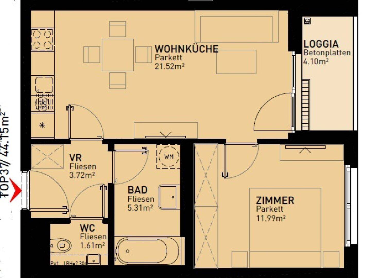 Detaillierter Grundriss einer Wohnung mit Wohnküche, Schlafzimmer und Loggia.