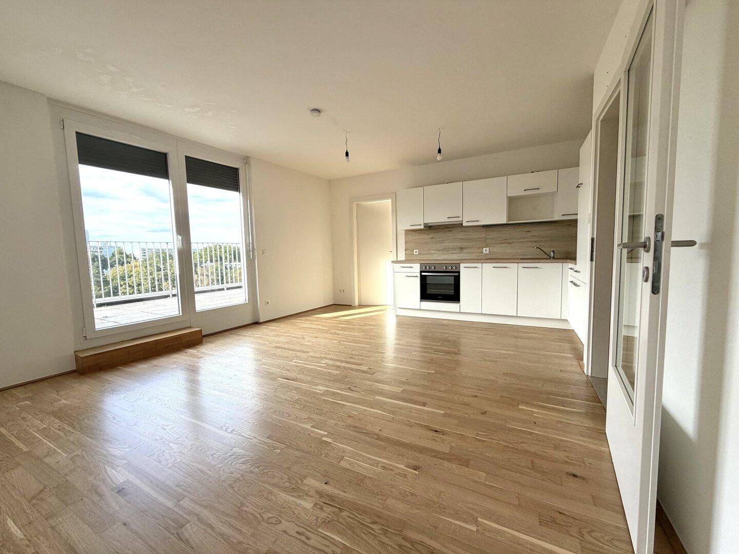 Heller, offener Wohnbereich mit integrierter weißer Küche, Parkettboden und Zugang zur Terrasse.