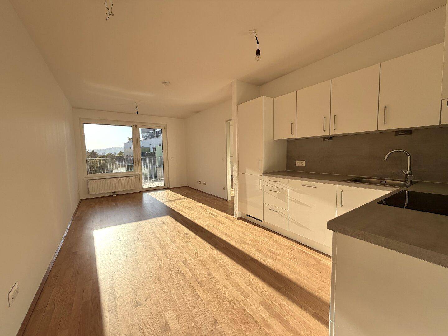 Heller offener Wohnbereich mit integrierter Küche und Zugang zum Balkon.