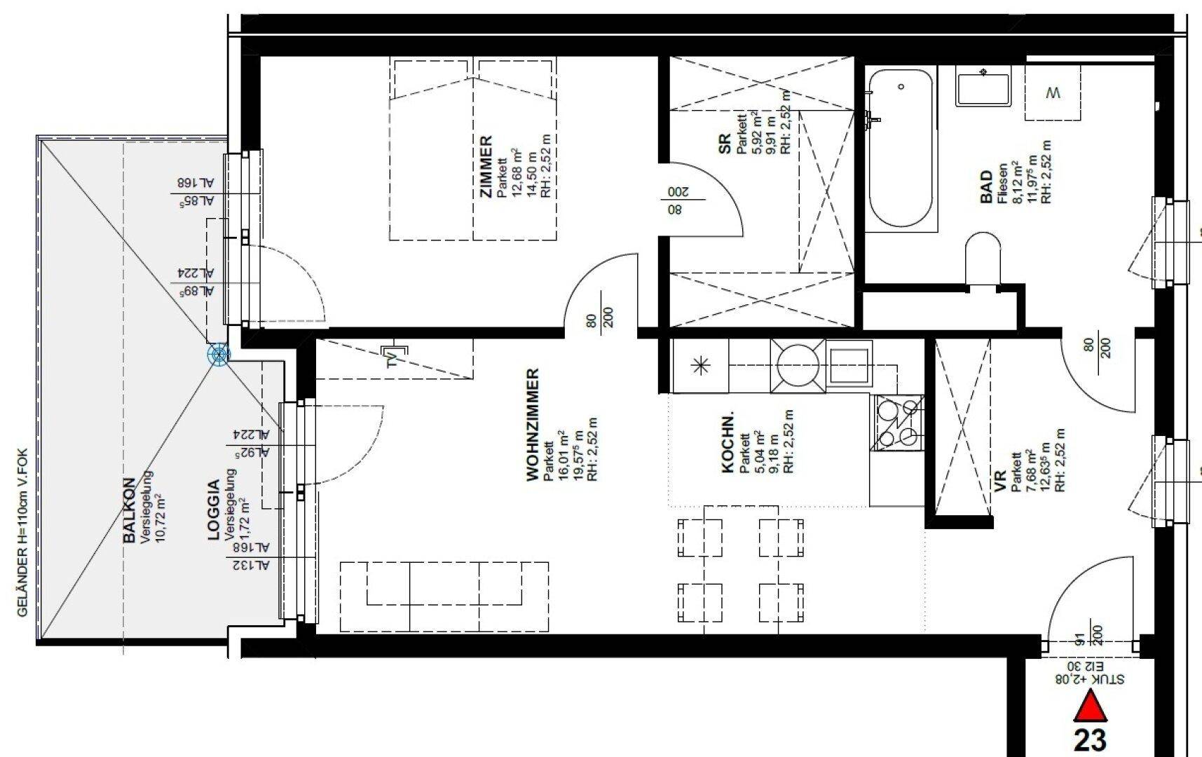 Detaillierter Grundriss einer Wohnung mit Balkon, Loggia und separaten Zimmern.