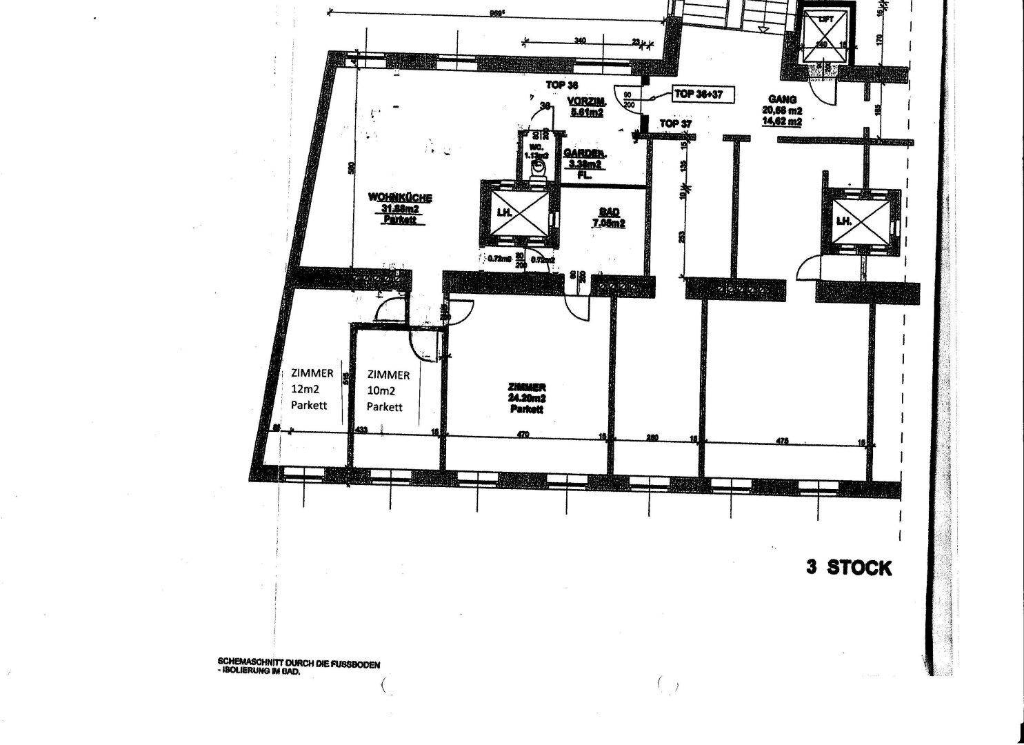 Grundrissplan mit Zimmeraufteilung, Wohnküche und Badezimmern für mehrere Einheiten.