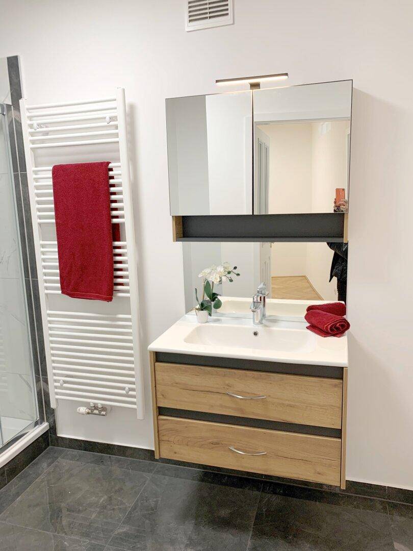 Modernes Badezimmer mit Waschtisch, Spiegelschrank und beheiztem Handtuchhalter.