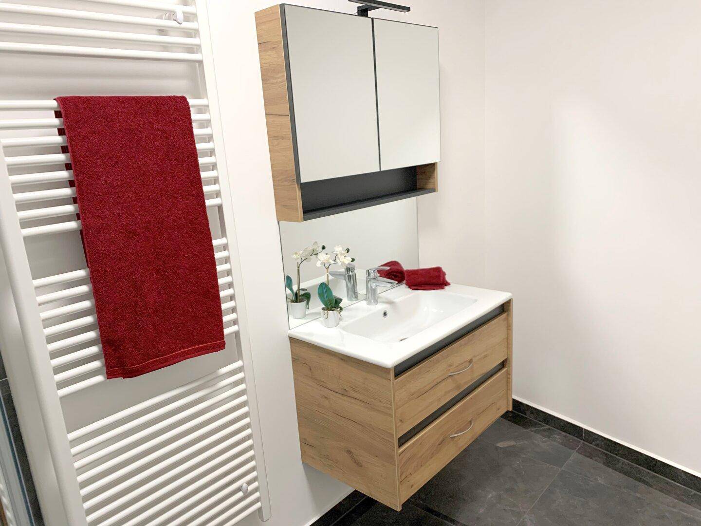 Badezimmer mit modernem Waschtischunterschrank, Spiegelschrank und praktischem Handtuchheizkörper.