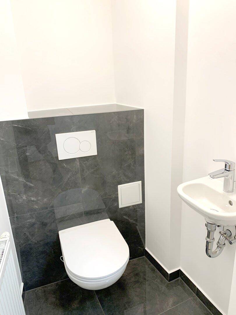 Separates WC mit wandhängender Toilette, kleinem Waschbecken und dunklen Fliesen.