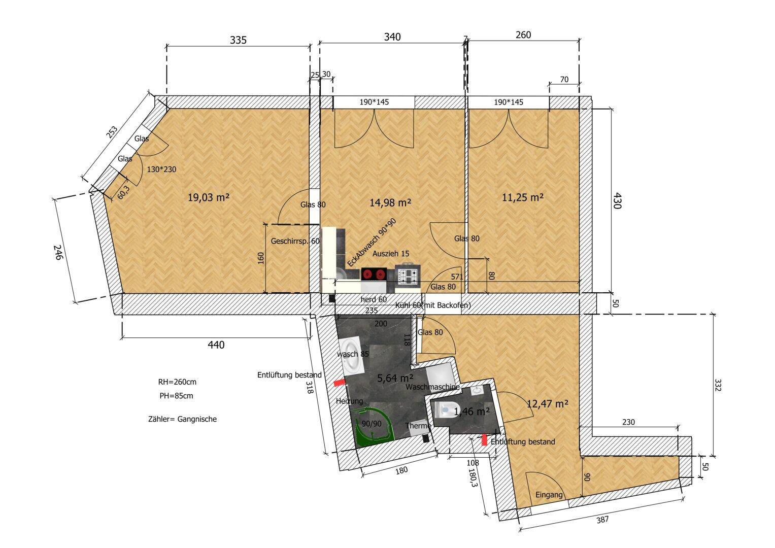 Detaillierter Grundriss einer Wohnung mit mehreren Zimmern und Flächenangaben.