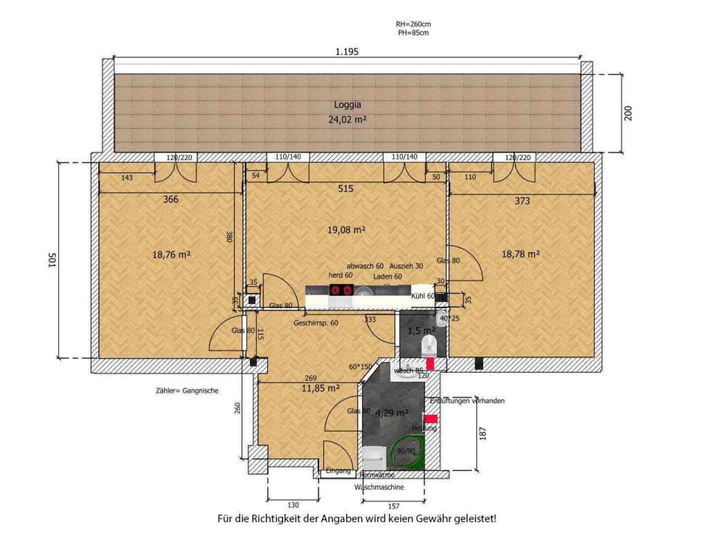 Detaillierter Grundriss mit Raumaufteilung, Loggia und Flächenangaben.