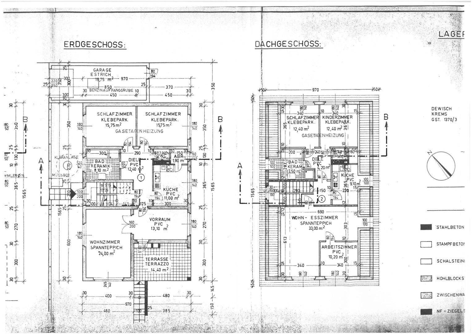 Detaillierter Grundriss des Erd- und Dachgeschosses mit Raumaufteilung und Flächenangaben.