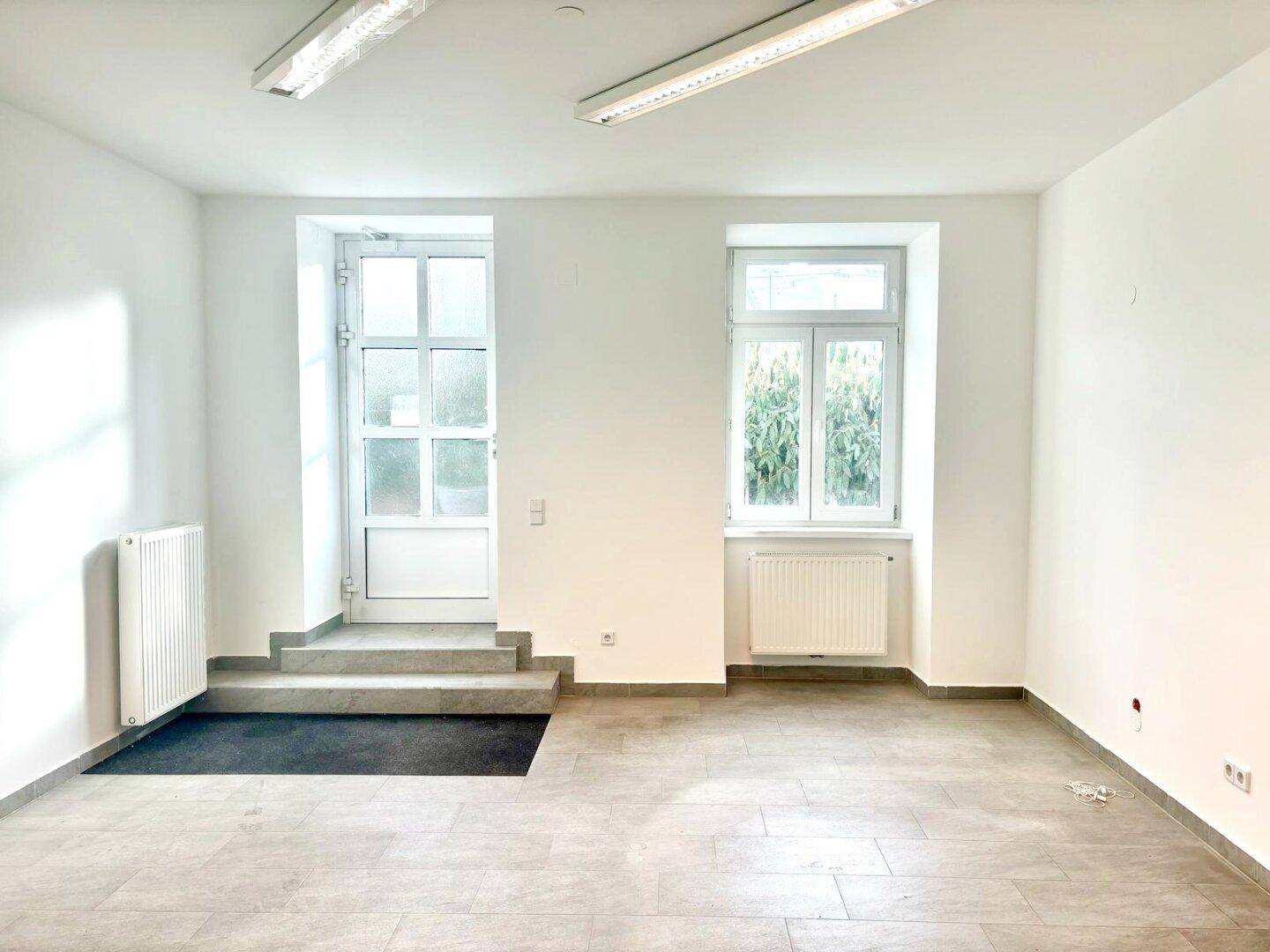 Eingangsbereich mit Fliesenboden, einer Tür nach außen und einem Fenster, gut beleuchtet.