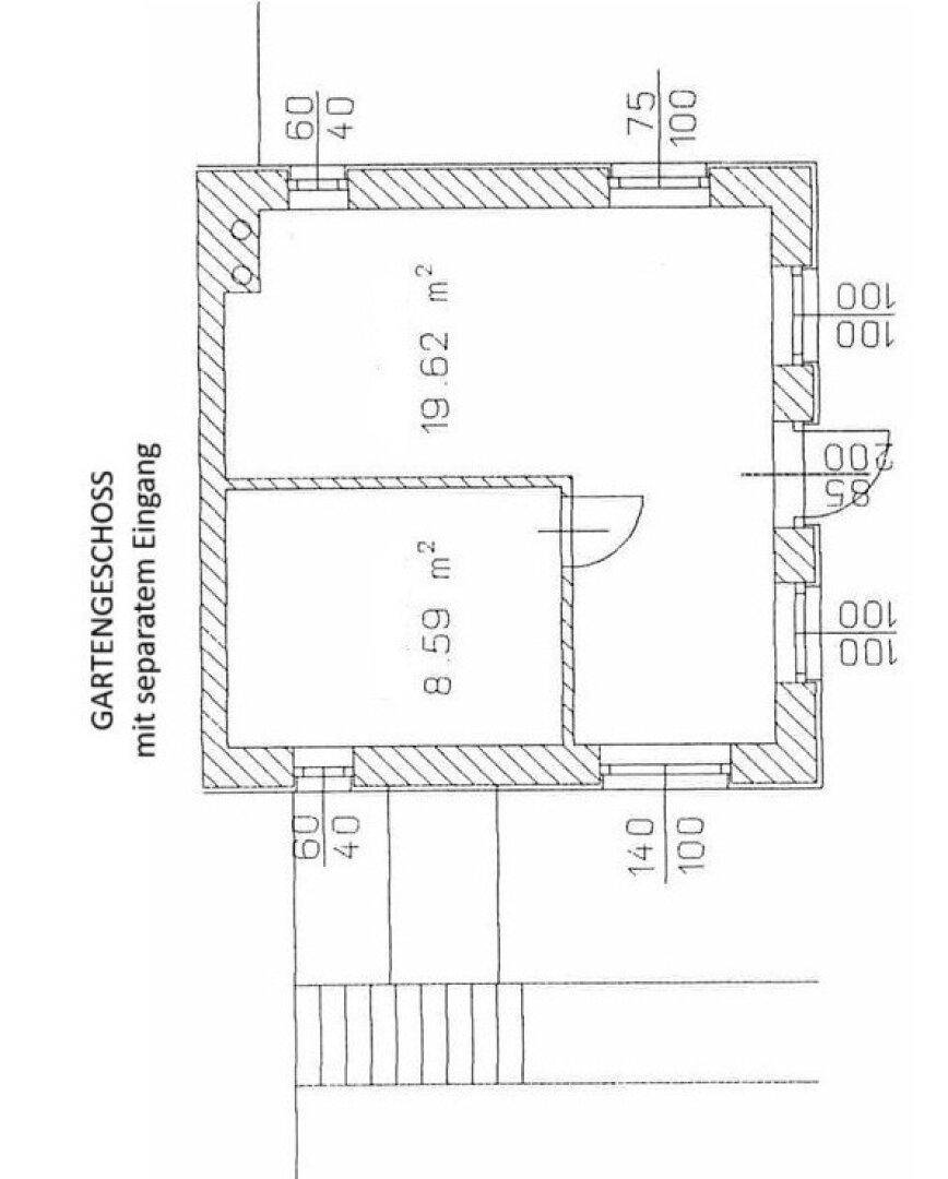 Grundriss des Gartengeschosses mit separatem Eingang und zwei Räumen.
