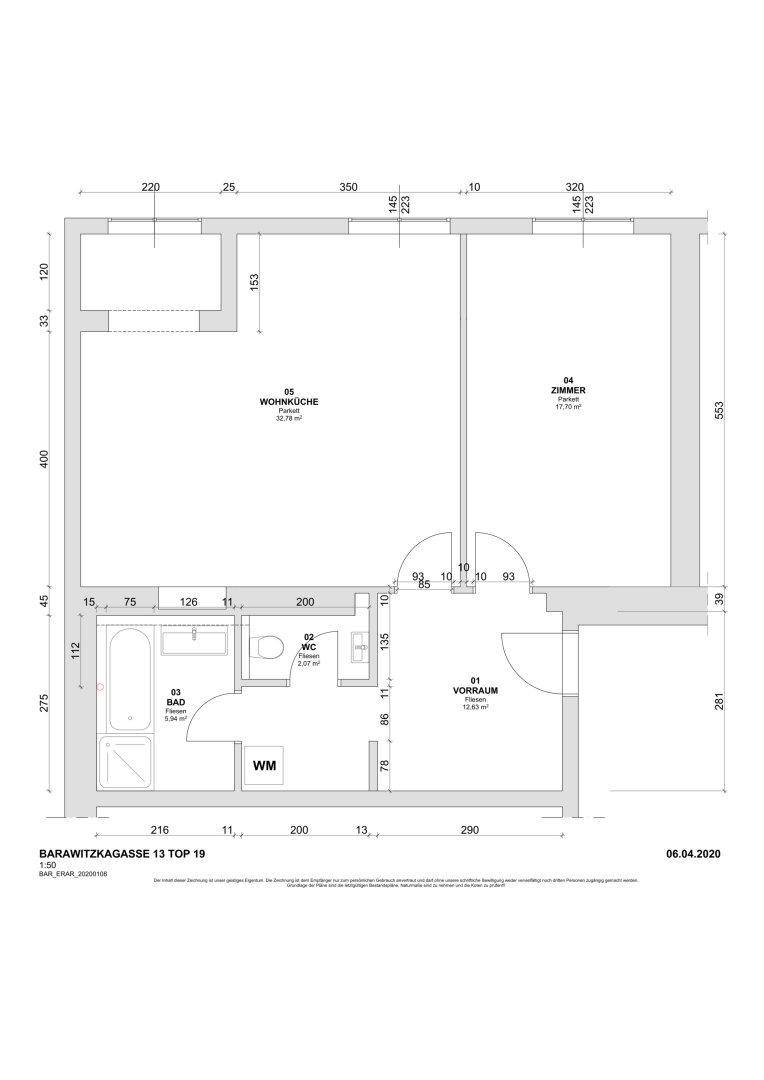 Grundriss einer Wohnung mit zwei Zimmern, offener Wohnküche und Bad.